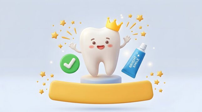 Cute cartoon tooth character wearing a crown alongside a toothpaste tube and green checkmark symbol.