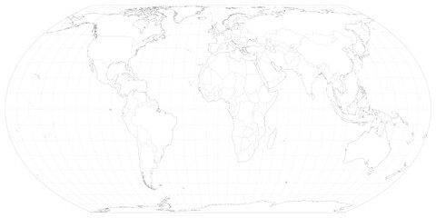High-quality world map vector in Equal Earth projection, minimalist outline style with white background and gray borders. Editable vector, layers named by country (English). © StockByFakt