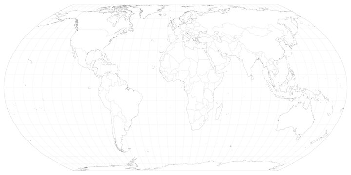 High-quality world map vector in Equal Earth projection, minimalist outline style with white background and gray borders. Editable vector, layers named by country (English).