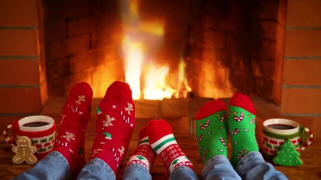 The family is sitting in front of the fireplace. People in clothes with Christmas ornaments are having fun at home. Slow motion