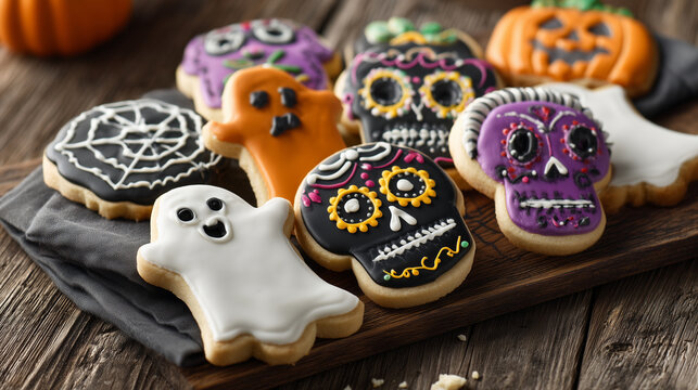 Colorful Halloween cookies decorated with spooky monster faces, ghosts, and pumpkins on a rustic wooden table, showcasing festive baking, seasonal treats, and creative holiday desserts.