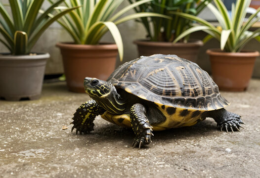 Longevity and slow living concept, turtle walking on concrete patio with potted plants in background for nature conservation and wildlife photography