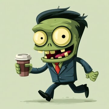 cartoon zombie in a suit running and holding a coffee cup