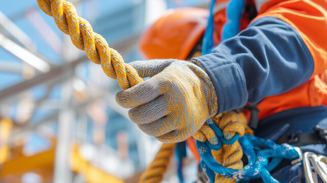 Close-up of a protective work glove gripping a thick climbing rope against orange safety equipment, representing industrial rope access, construction safety, and professional protective gear.