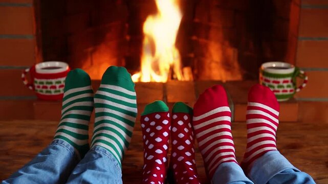The family is sitting in front of the fireplace. People in clothes with Christmas ornaments are having fun at home. Slow motion
