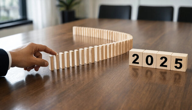 Business Strategy Concept With Wooden Domino Effect and 2025 Blocks on Conference Table
