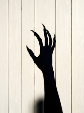 Creepy silhouette of a monster hand with sharp claws on a white wooden wall