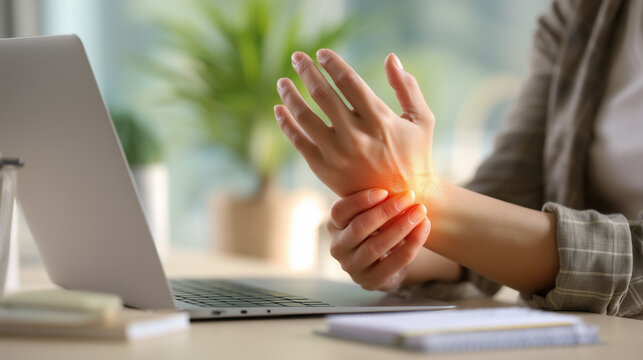 Close-up of a person holding a painful wrist beside a laptop, illustrating repetitive strain injury, computer-related discomfort, carpal tunnel syndrome and workplace ergonomics.