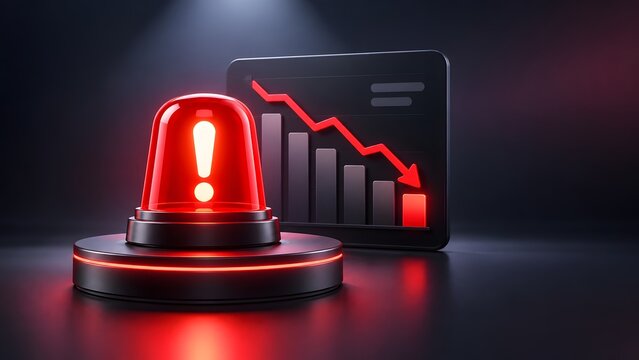 Red glowing emergency siren alarm light on a podium with a crashing downward financial bar chart in the dark background