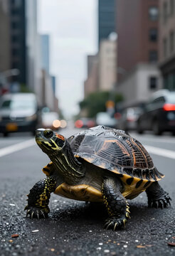 Urban wildlife and nature conservation, turtle crossing a busy city street environmental challenges and habitat loss in modern society