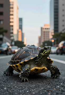 Urban wildlife and habitat loss, turtle crossing a busy city street with traffic and skyscrapers in the background environmental danger