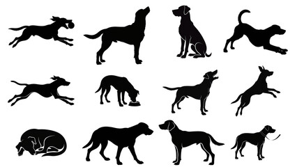 Fototapeta premium Dog Silhouette Collection – Diverse Canine Breeds in Running, Standing, Sitting and Playing Poses