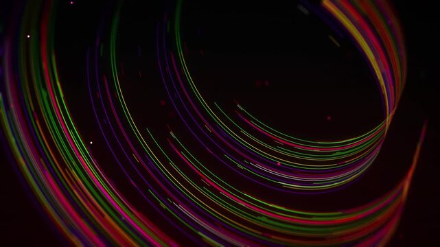 Colorful 3D light trails form sweeping curves with dotted particles, revealing motion before transitioning into a seamless loop for futuristic backgrounds, technology, and digital presentations.