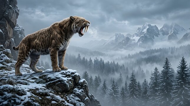 A fierce saber toothed tiger roaring on a snowy mountain cliff overlooking a misty pine forest valley