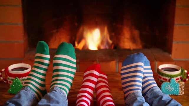 The family is sitting in front of the fireplace. People in clothes with Christmas ornaments are having fun at home. Slow motion