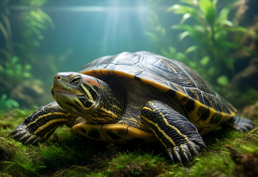 Biodiversity and wildlife conservation, red-eared slider turtle swimming in a natural freshwater habitat with aquatic plants and soft underwater light