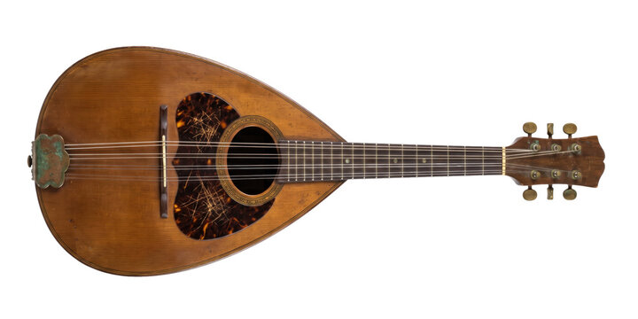 Acoustic mandolin isolated on a transparent or white background. Traditional italian stringed instrument, vintage classical music performance and historic folk melody art.