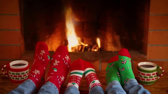 The family is sitting in front of the fireplace. People in clothes with Christmas ornaments are having fun at home. Slow motion