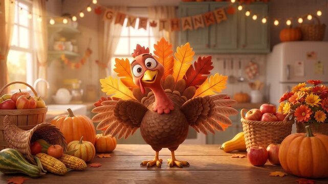 A warm and joyful thanksgiving scene celebrating gratitude family and delicious food with a charming turkey