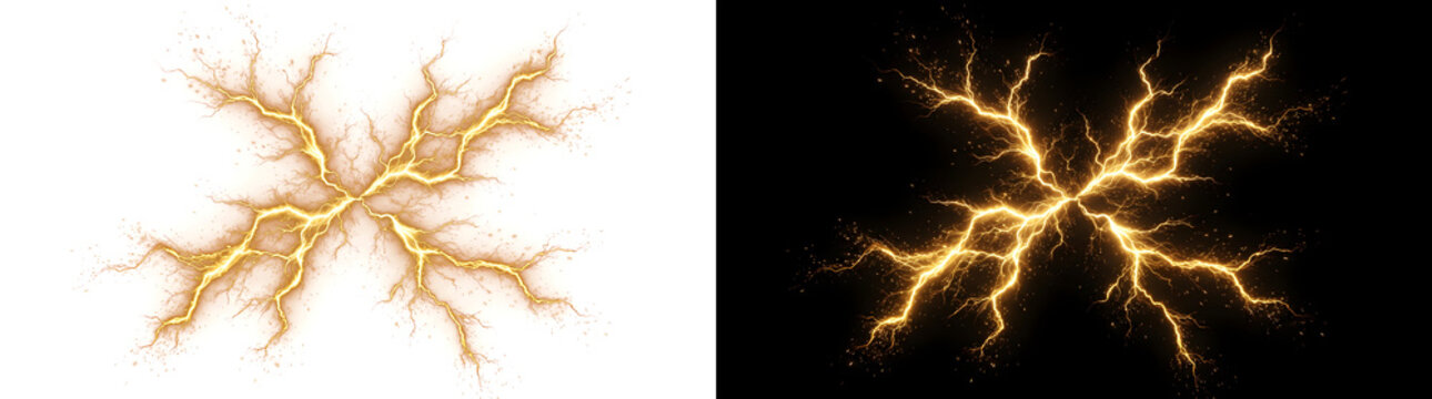 Gold lightning bolt of crackling electric energy branching across the frame PNG isolated on transparent background