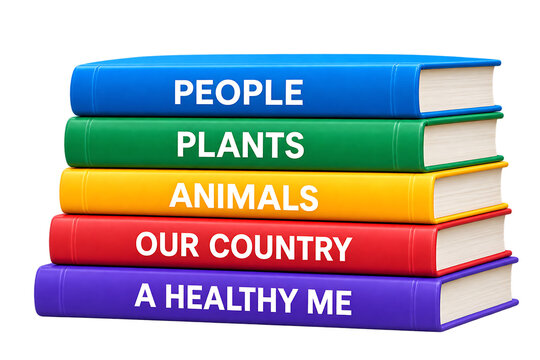 Colorful Educational Books Stack with Learning Subjects