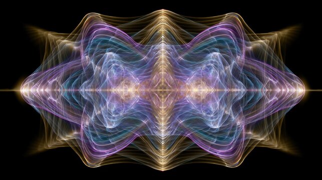 abstract symmetrical light waves create a harmonic energy pattern on a black background
