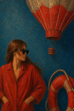 Woman Traveler with Hot Air Balloon and Lifebuoy