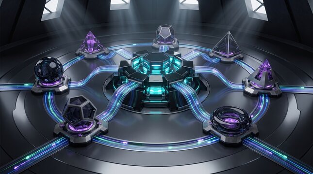 Futuristic energy core with glowing geometric crystals connected by light conduits