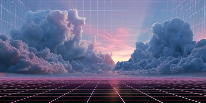 wide shot of an endless grid with digital lines and surreal clouds in a vibrant sky