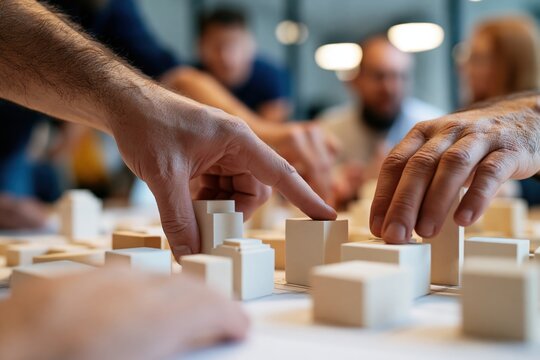Architects collaborating on urban masterplan with building models in modern office