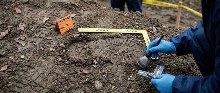 Forensic investigator brushing dirt from a shoe print at a crime scene evidence collection outdoor investigation