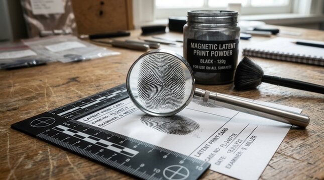 Forensic Investigation Fingerprint Analysis with Magnifying Glass Powder and Brush on Wooden Desk