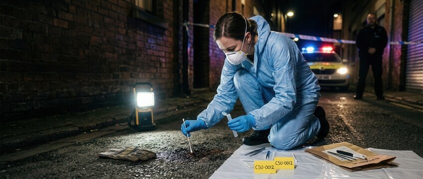 Forensic investigator collecting evidence at a crime scene at night with police car and lights