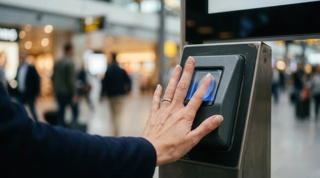 Fingertip scanning biometric security device in airport terminal passenger using fingerprint reader for access control modern technology and travel concept