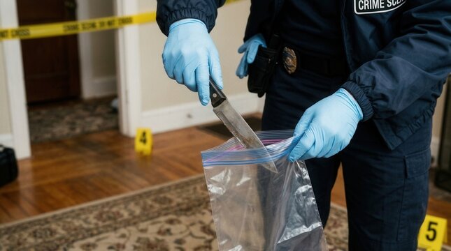 Forensic Investigator Collects Bloody Knife Evidence at Crime Scene with Yellow Tape and Markers