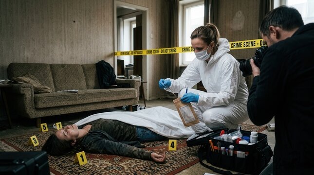 Forensic investigator collecting evidence at a crime scene with a body and police tape