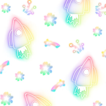 Neon star rocket doodle pattern background png