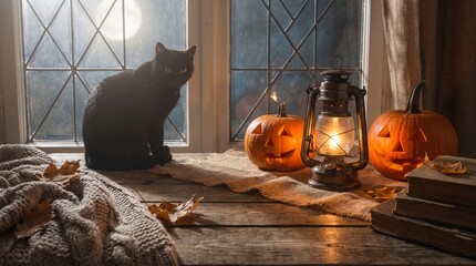 Black cat sitting on rustic wooden windowsill near glowing halloween carved pumpkins and lantern © malaika@86