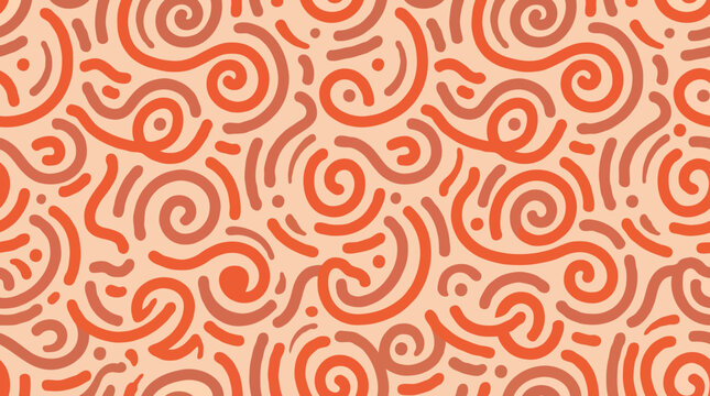 Abstract vector pattern with hand drawn retro swirls and doodle lines in orange and beige
