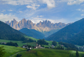 Obraz premium View of Val di Funes with the Chruch of Santa Maddalena in the Dolomites Mountains. Italy 