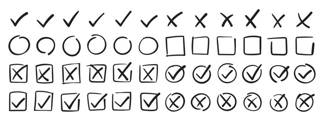 Check tick mark icon set, hand drawn cross box x check mark checkbox v, sketch marker checklist symbol right and wrong set, brush marke © icon studio 333