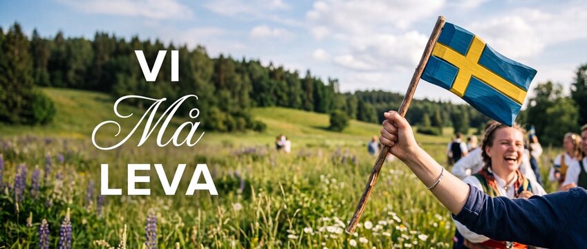 Swedish flag held high in countryside meadow during summer celebration, happy woman celebrating Swedish national day and midsummer with text vi ma leva in scandinavian landscape banner