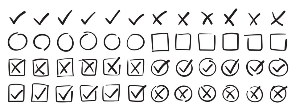 Check tick mark icon set, hand drawn cross box x check mark checkbox v, sketch marker checklist symbol right and wrong set, brush marke