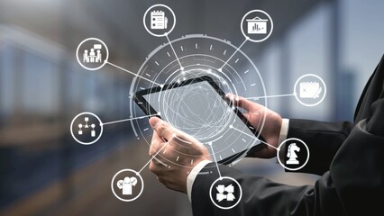 Fototapeta premium Project planning icons showing business management, teamwork, scheduling, strategic planning, project development, organization, and goal setting with modern workflow and process management. Gist
