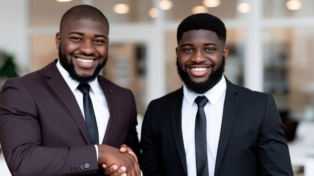 Two smiling african american businessmen shaking hands, symbolizing a successful deal and collaboration