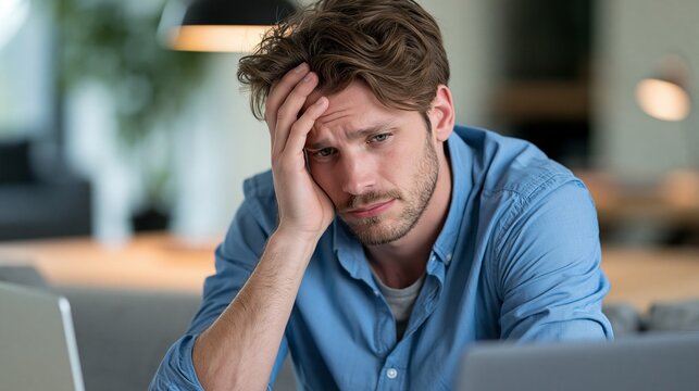 Young man feeling stressed and tired, resting head on hand while working on laptop