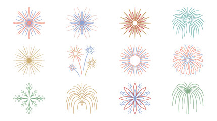 Obraz premium Colorful Fireworks Vector Icons Set Festival Firework Burst Pyrotechnics Spark Isolated