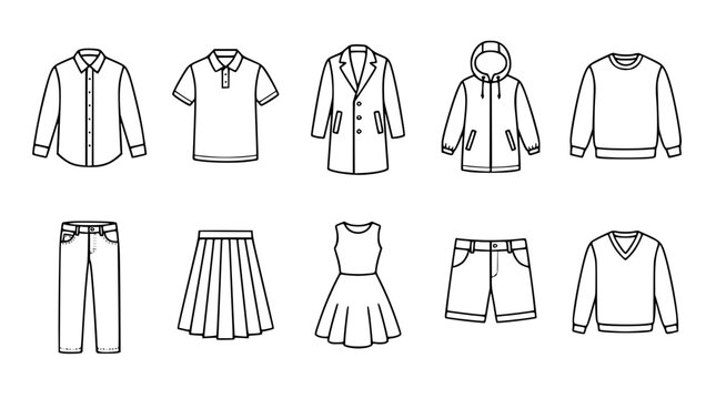 Men and Women Fashion Apparel Line Icon Set Featuring Shirts Jackets Coats Trousers Skirts Dresses and Seasonal Casual Clothing Design Symbols