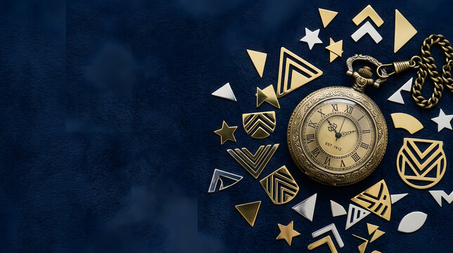 Vintage Brass Pocket Watch with Gold Geometric Shapes on Dark Navy Blue Suede Texture Background with Copyspace