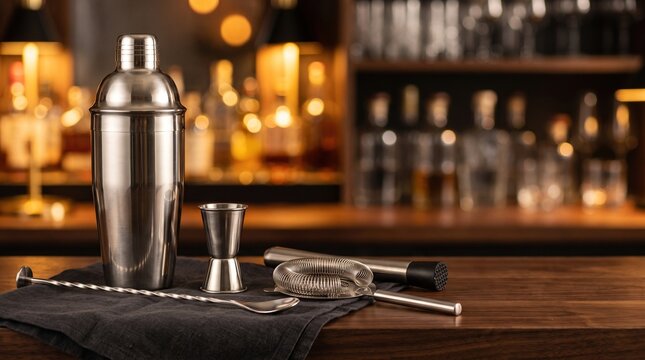 Professional bartending tools set with shaker jigger and strainer on cloth napkin at wooden bar background for beverage preparation and mixology industry usage.